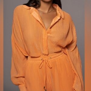 Jluxlabel Pleated Crinkle Crepe Oversized Boho Lagenlook Button Up Shirt Size M